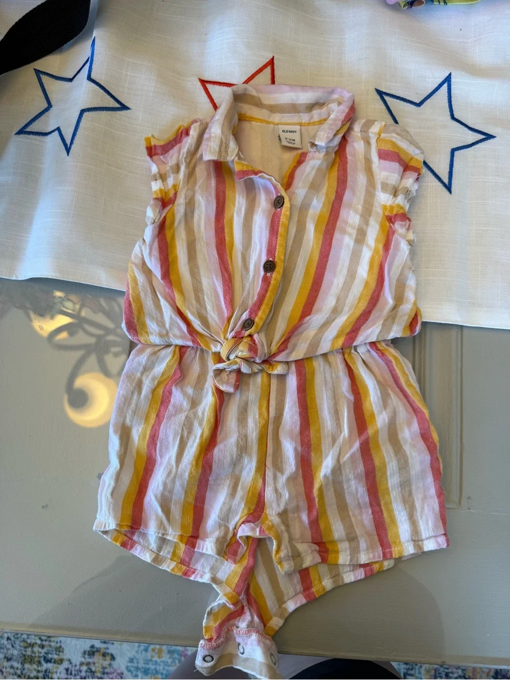Old Navy Striped Tie-Waist Kids Romper in Pink, Yellow & White